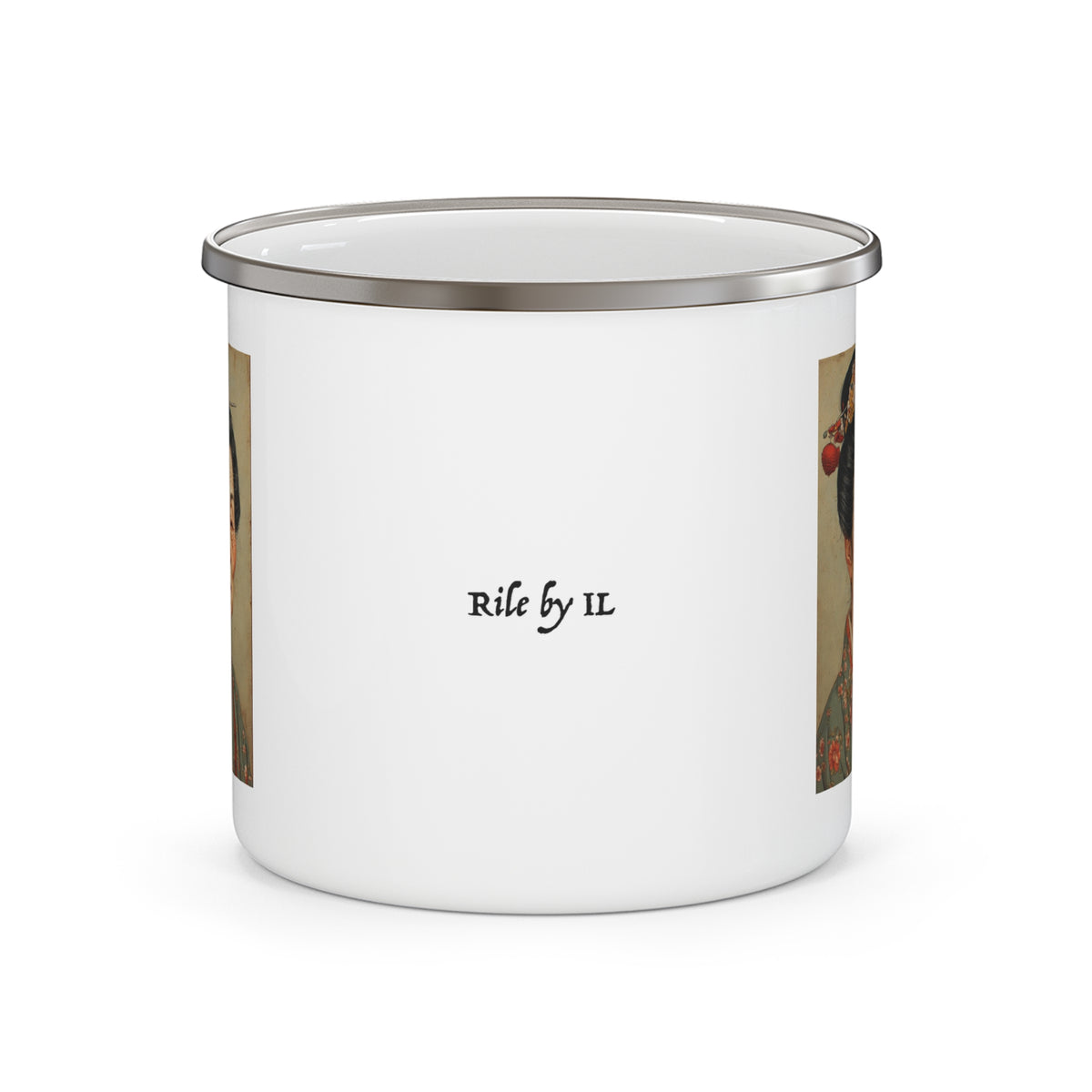 Vintage Japanese Woman Enamel Cup w/ Rile By IL Logo