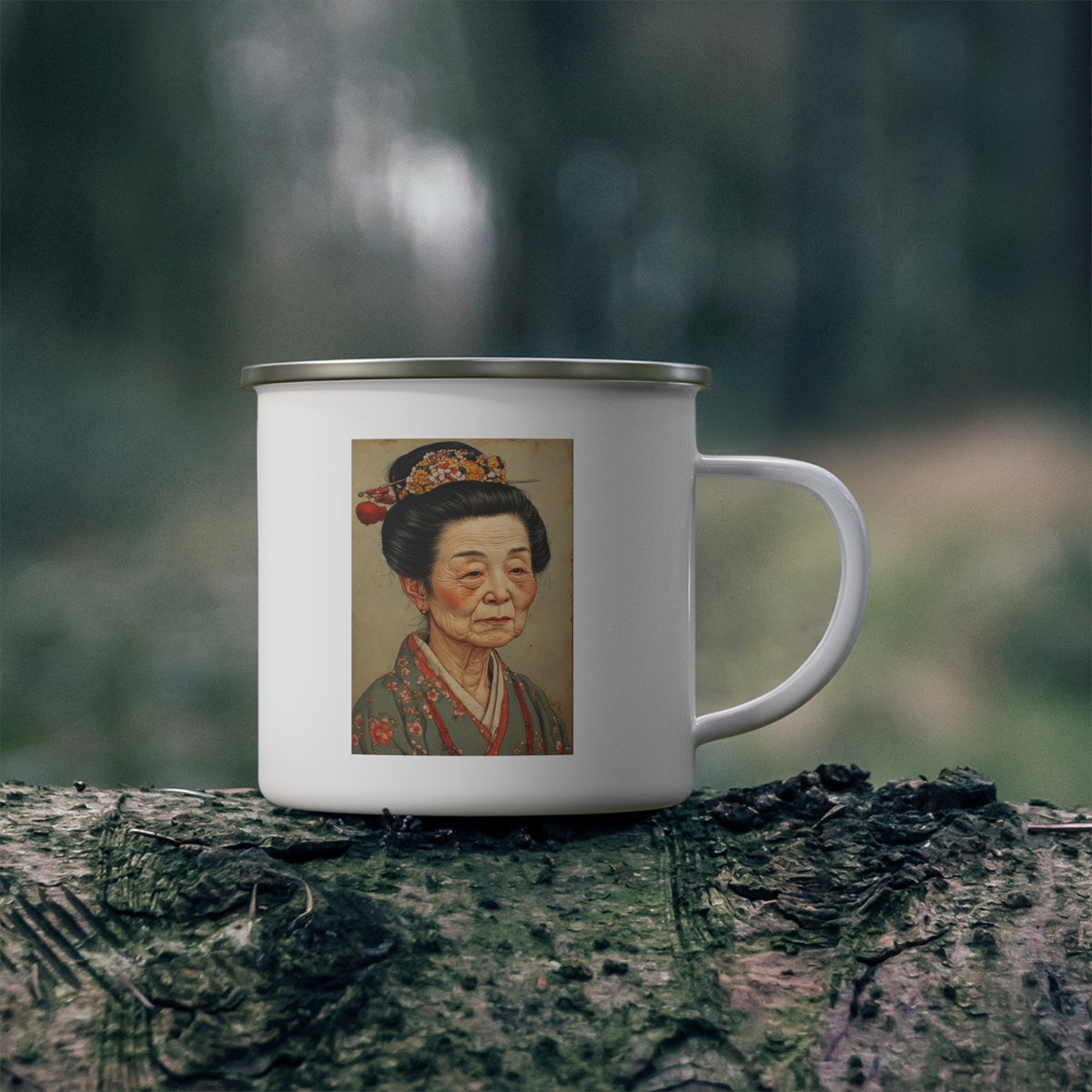 Vintage Japanese Woman Enamel Cup w/ Rile By IL Logo