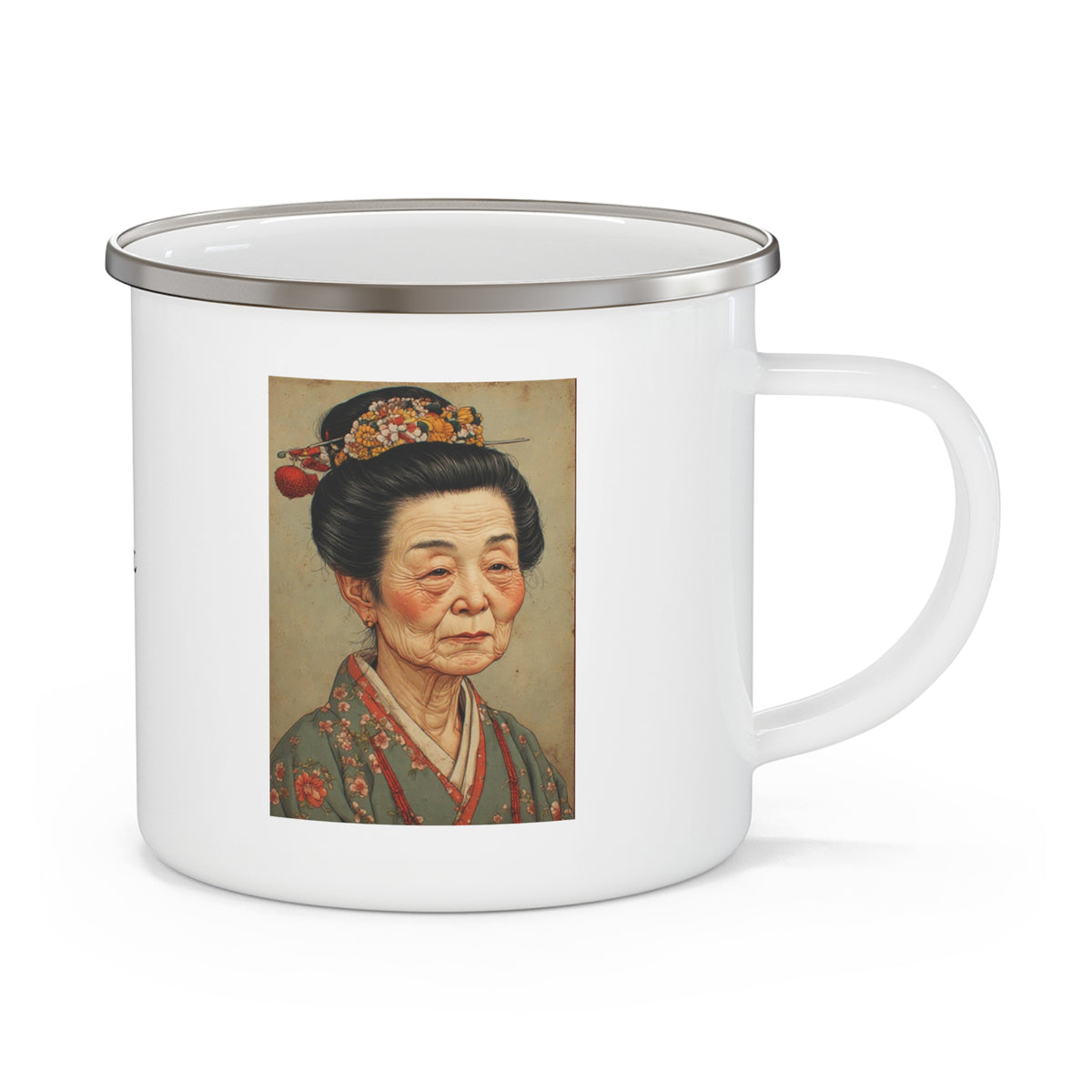 Vintage Japanese Woman Enamel Cup w/ Rile By IL Logo